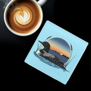 Loon Sunset Blue Glass Coaster