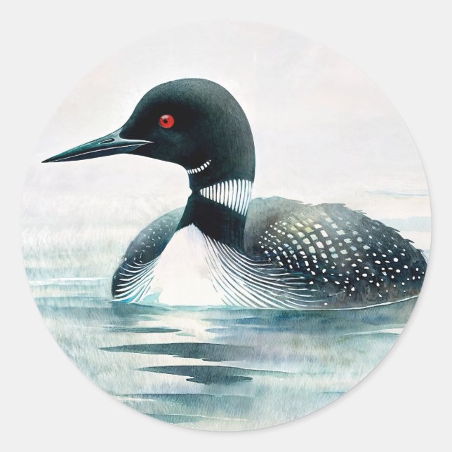 Loon Swimming Watercolor Classic Round Sticker (Front)