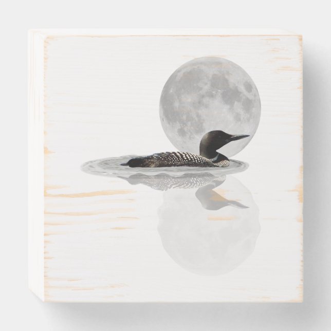 Loon Swims In The Moonlight Wood Box Plaque (Front Horizontal)