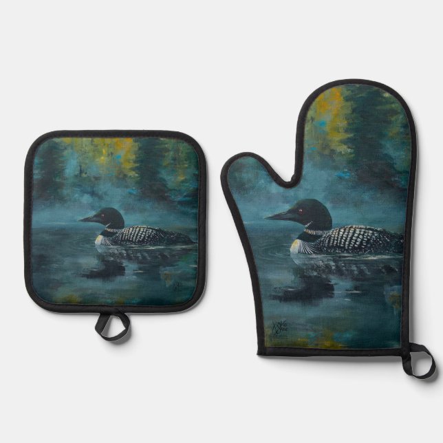 Loonell Loon Painting Oven Mitt & Pot Holder Set (Front)