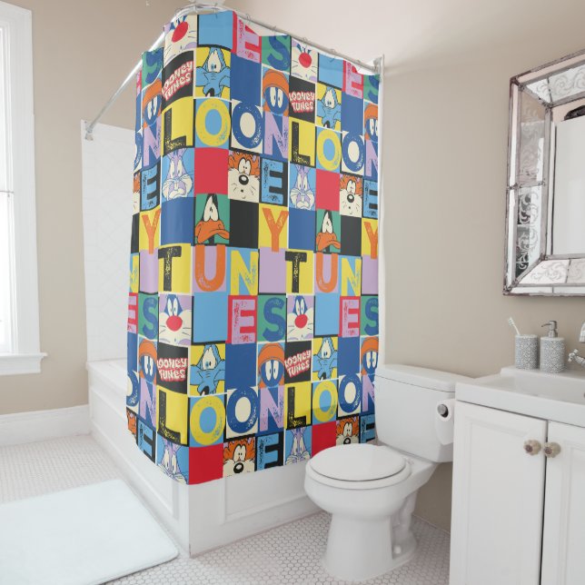 LOONEY TUNES™ Character Checker Blocks Shower Curtain (In Situ)