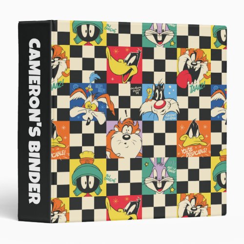 LOONEY TUNES Characters on Black  White Checker 3 Ring Binder