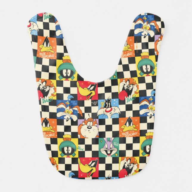 LOONEY TUNES™ Characters on Black & White Checker Baby Bib (Front)