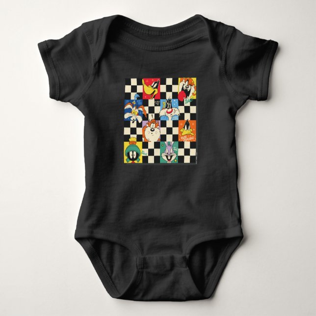 LOONEY TUNES™ Characters on Black & White Checker Baby Bodysuit (Front)