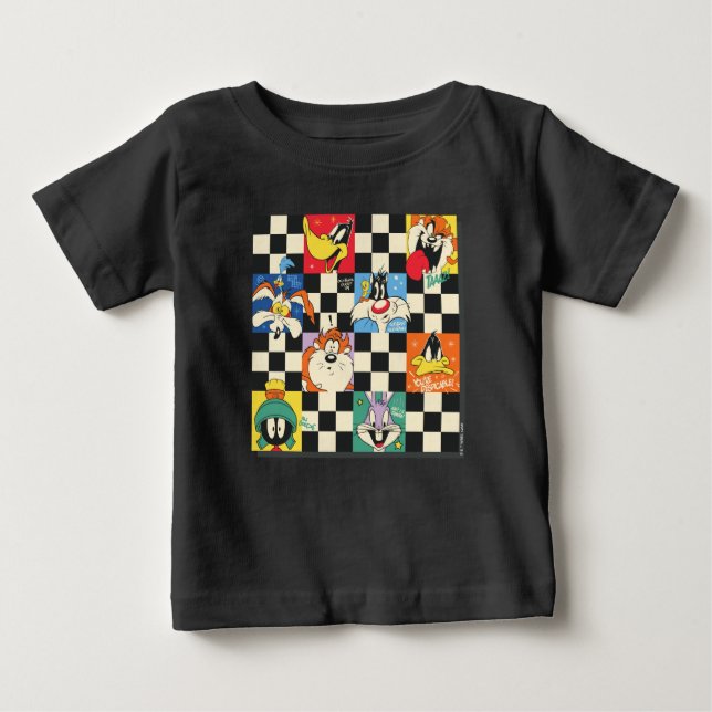 LOONEY TUNES™ Characters on Black & White Checker Baby T-Shirt (Front)