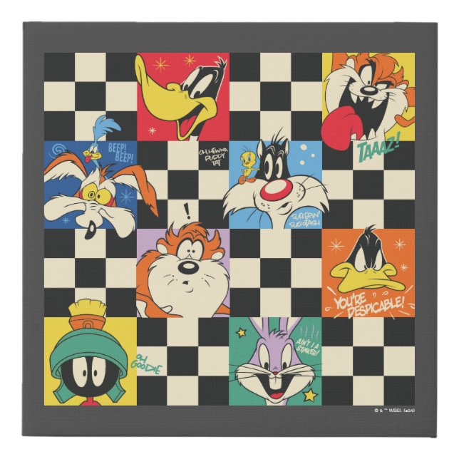 LOONEY TUNES™ Characters on Black & White Checker Faux Canvas Print (Front)