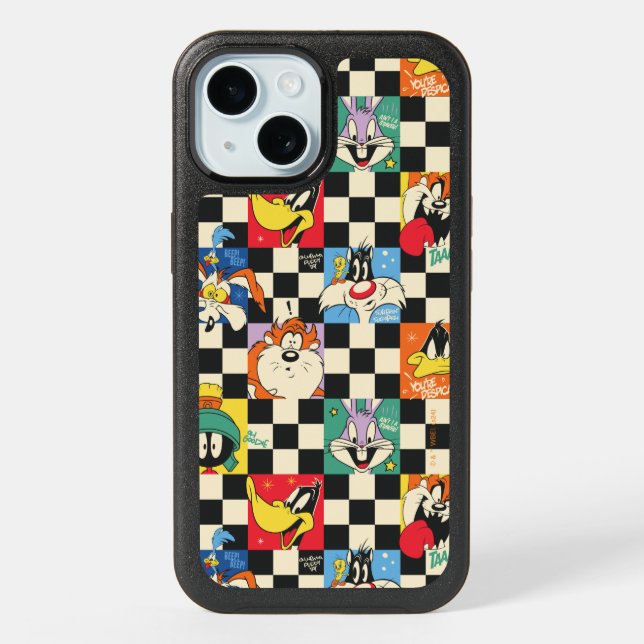 LOONEY TUNES™ Characters on Black & White Checker iPhone 15 Case (Back)