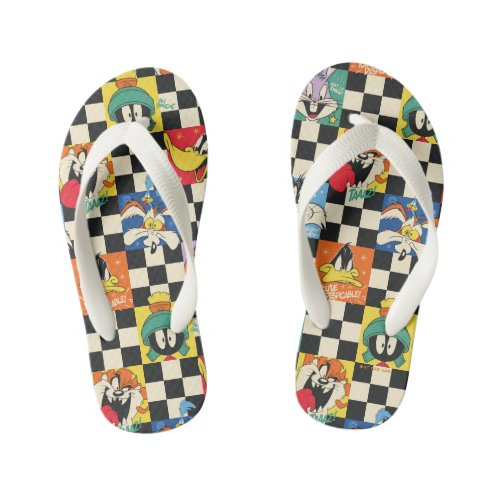 LOONEY TUNES Characters on Black  White Checker Kids Flip Flops