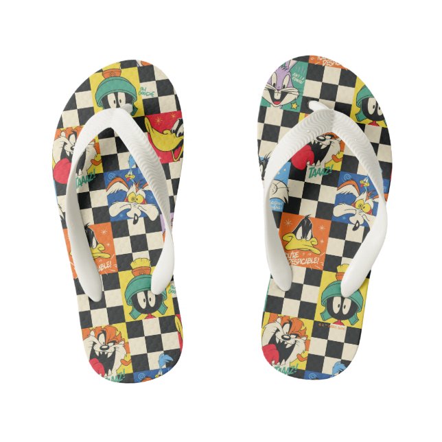 LOONEY TUNES™ Characters on Black & White Checker Kid's Flip Flops (Footbed)