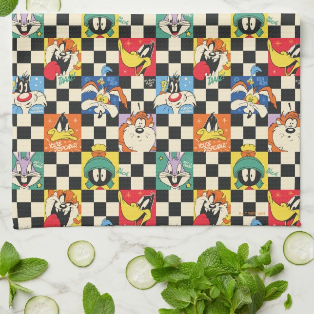 LOONEY TUNES™ Characters on Black & White Checker Kitchen Towel (Folded)