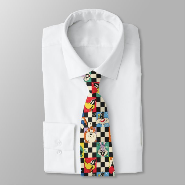 LOONEY TUNES™ Characters on Black & White Checker Neck Tie (Tied)