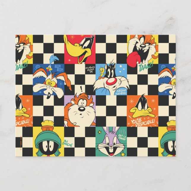 LOONEY TUNES™ Characters on Black & White Checker Postcard (Front)