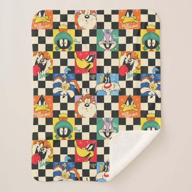 LOONEY TUNES™ Characters on Black & White Checker Sherpa Blanket (Front)
