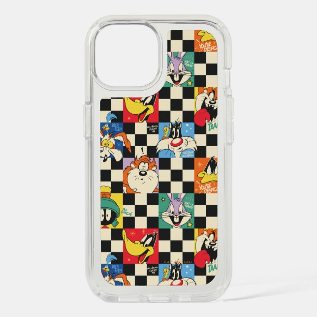 LOONEY TUNES™ Characters on Black & White Checker Speck iPhone Case (Front)