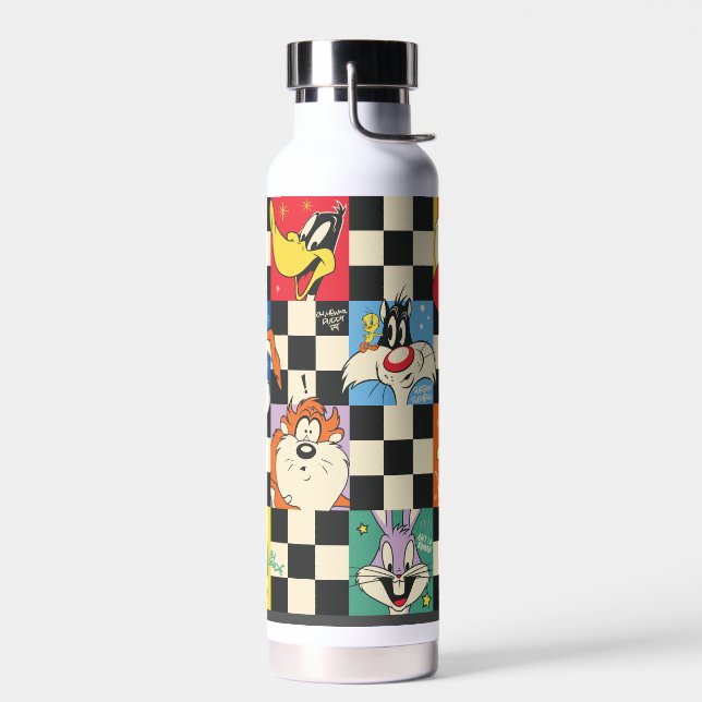 LOONEY TUNES™ Characters on Black & White Checker Water Bottle (Left)