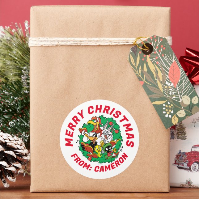 LOONEY TUNES™ Group Christmas Wreath Classic Round Sticker (Holiday)