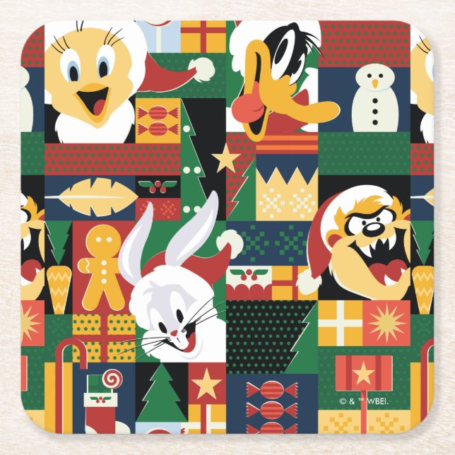 LOONEY TUNES™Holiday Block Pattern Square Paper Coaster (Front)