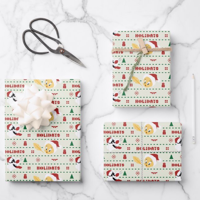 LOONEY TUNES™ SYLVESTER™ & TWEETY™ Holiday Pattern Wrapping Paper Sheets (Front)