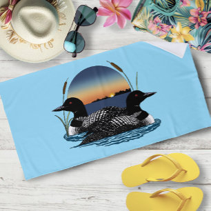 Loons Couple sunset Blue Beach Towel