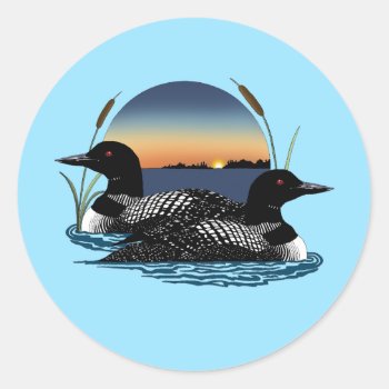 Loons Sunset Blue Classic Round Sticker by tigressdragon at Zazzle