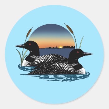 Loons Sunset Blue Classic Round Sticker by tigressdragon at Zazzle