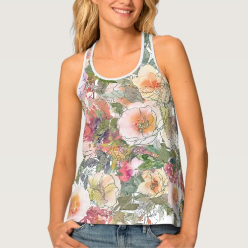 Loose Watercolor Flowers with Line Art  Tank Top