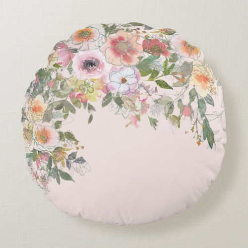 Loose Watercolor Flowers with Without Line Art  Round Pillow