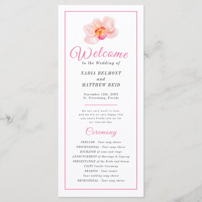 Loose watercolor orchid flower wedding ceremony program (Front)