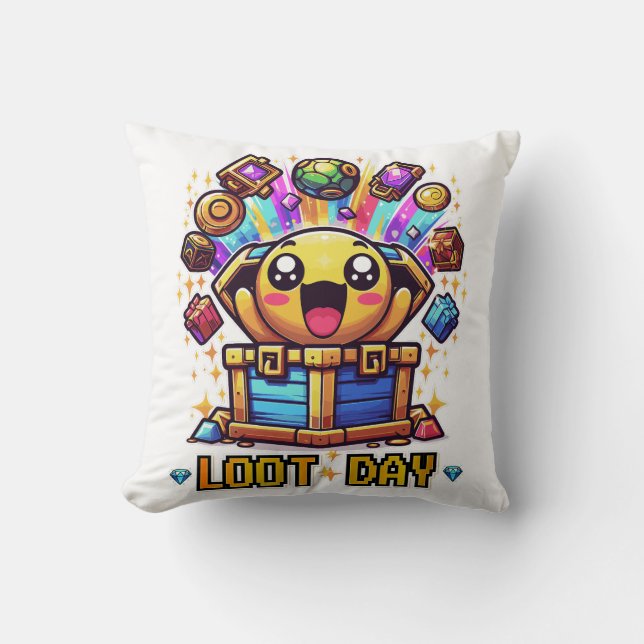 Loot Day Gaming Treasure Chest Graphic Throw Pillow (Front)
