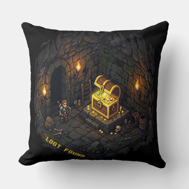 Loot Found Fantasy Dungeon Pixel Art Design Throw Pillow (Front)