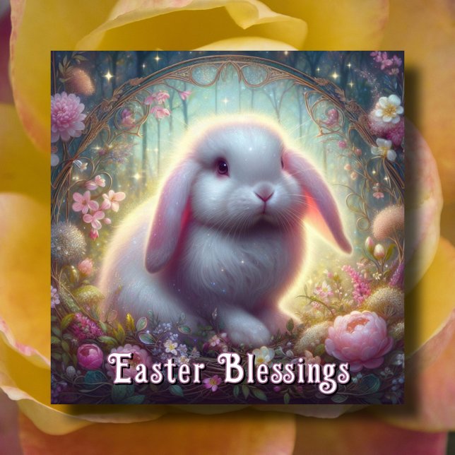 Lop Eared Bunny Pink Floral Art Nouveau Easter Holiday Card (Creator Uploaded)