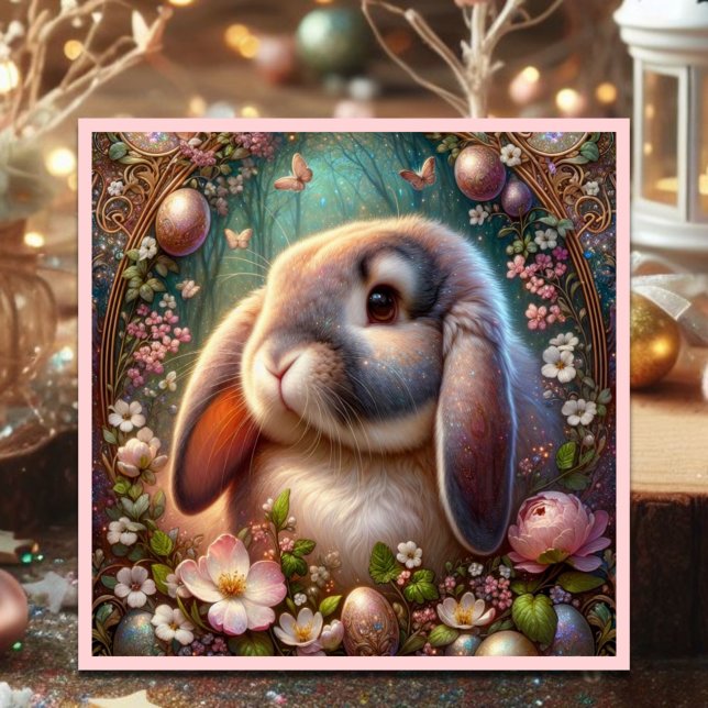 Lop Eared Bunny Whimsical Floral Easter Holiday Card (Creator Uploaded)