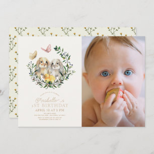 Lop Rabbit Bunny Butterfly 1st Birthday Photo Invitation