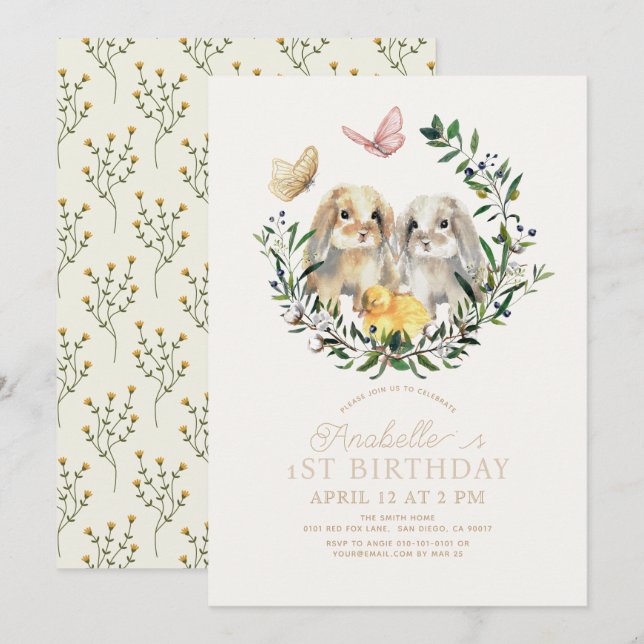 Lop Rabbit Bunny Chick Butterfly 1st Birthday Invitation (Front/Back)
