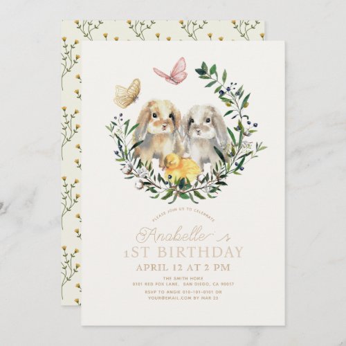 Lop Rabbit Bunny Chick Butterfly 1st Birthday Invitation