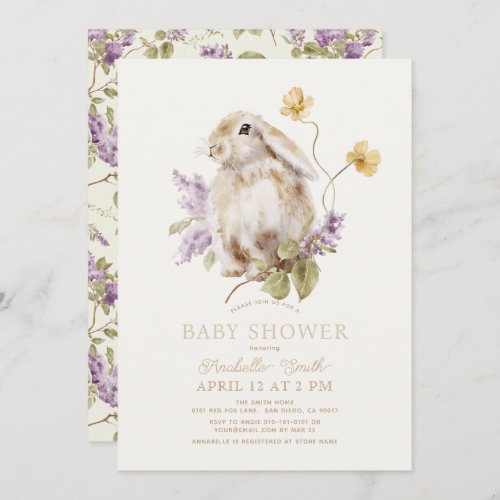 Lop Rabbit Bunny Purple Lilac Floral Baby Shower Invitation