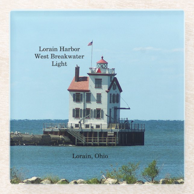 Lorain Harbor West Breakwater Light glass coasters (Front)