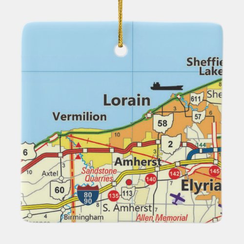 Lorain Ohio Road Map Ceramic Ornament