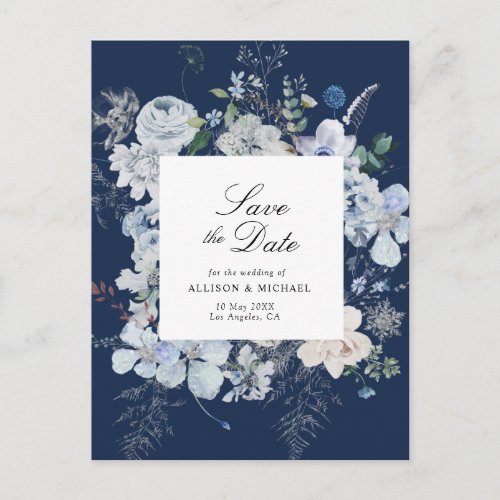 loral dusty blue and white save the date postcard