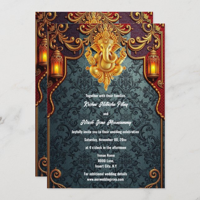 Lord Ganesh blue gold luxurious indian wedding Invitation (Front/Back)