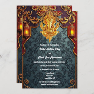 Lord Ganesh blue gold luxurious indian wedding Invitation
