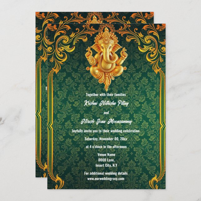 Lord Ganesh green gold paisley luxurious indian Invitation (Front/Back)