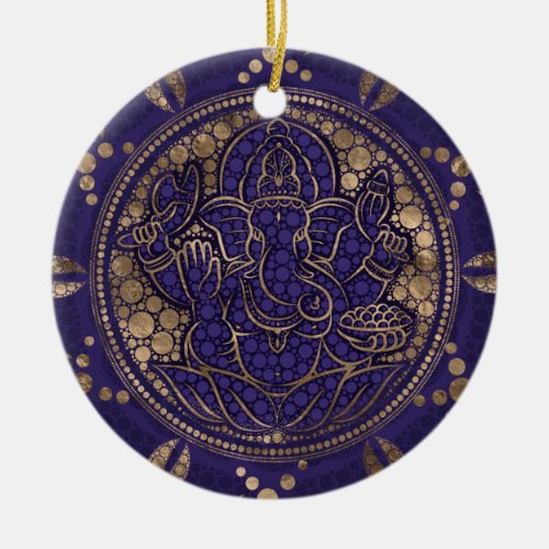 Lord Ganesha Dot Art Purples and Gold Ceramic Ornament