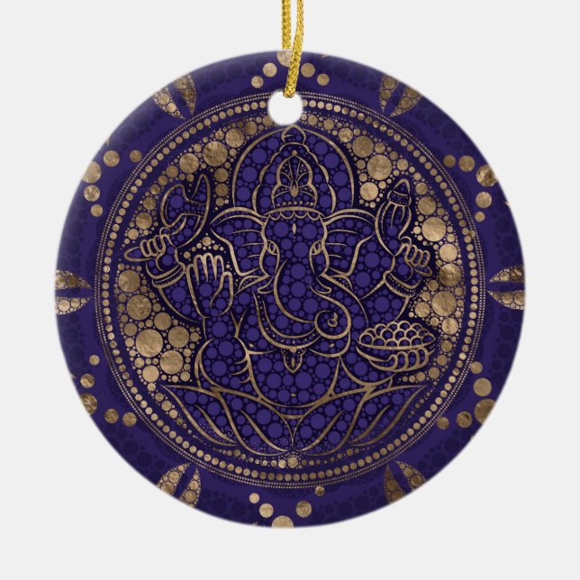 Lord Ganesha Dot Art Purples and Gold Ceramic Ornament (Front)