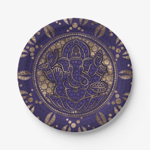 Lord Ganesha Dot Art Purples and Gold Paper Plates