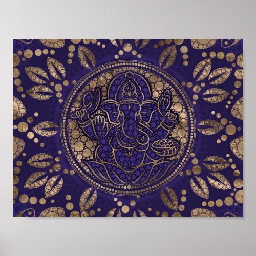 Lord Ganesha Dot Art Purples and Gold Poster