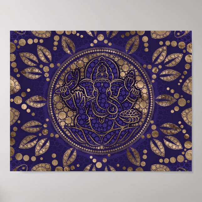 Lord Ganesha Dot Art Purples and Gold Poster (Front)