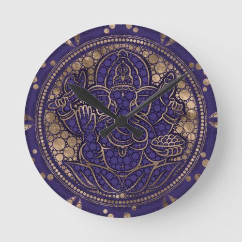 Lord Ganesha Dot Art Purples and Gold Round Clock
