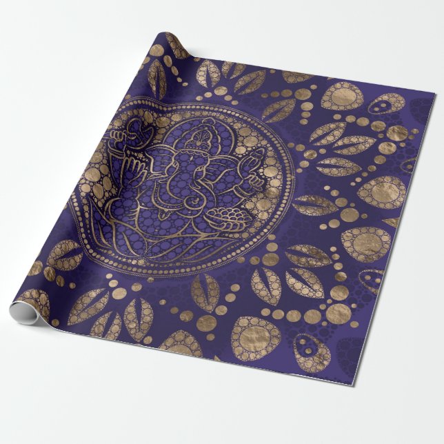Lord Ganesha Dot Art Purples and Gold Wrapping Paper (Unrolled)