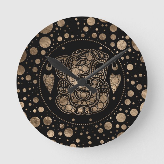 Lord Ganesha Gold and Black Dot Art Round Clock (Front)